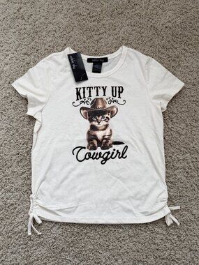 NWT Sable Sky Kitty Up Cat Cowgirl Tee Cream Size M